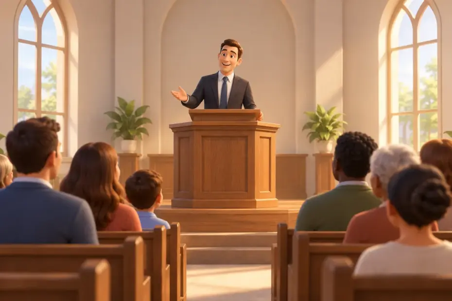 A speaker stands at a simple wooden pulpit in a quiet church as listeners sit nearby.