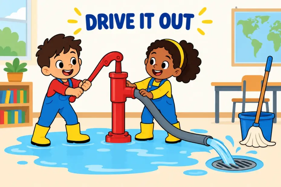 Cartoon workers use a hand pump to clear water from a flooded room, showing pump out in a sentence as a driven flow.