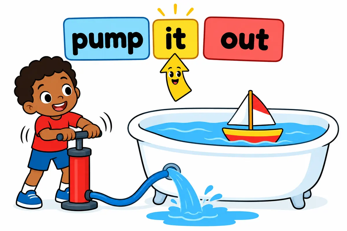 A cartoon child works a hand pump beside a flooded model boat while a card marked it sits between the words pump and out.