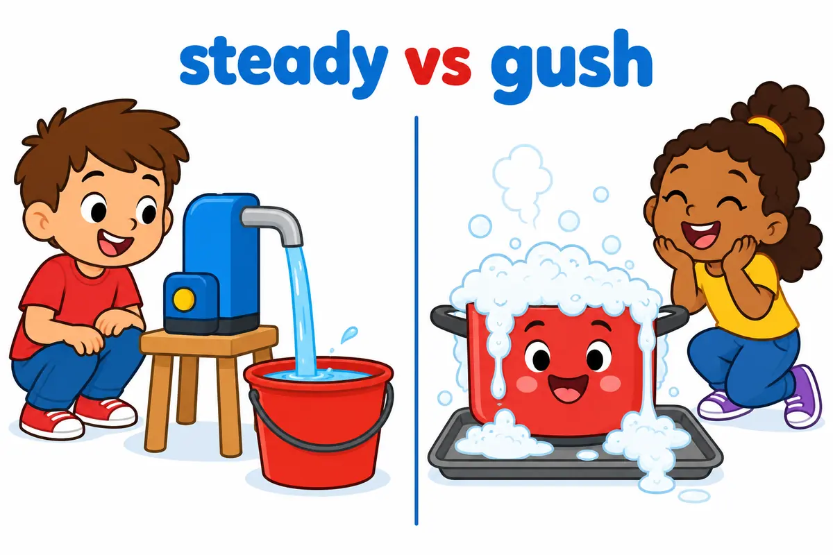 A cartoon split scene contrasts a machine pumping water in a steady stream with a pot bubbling over in a messy gush.