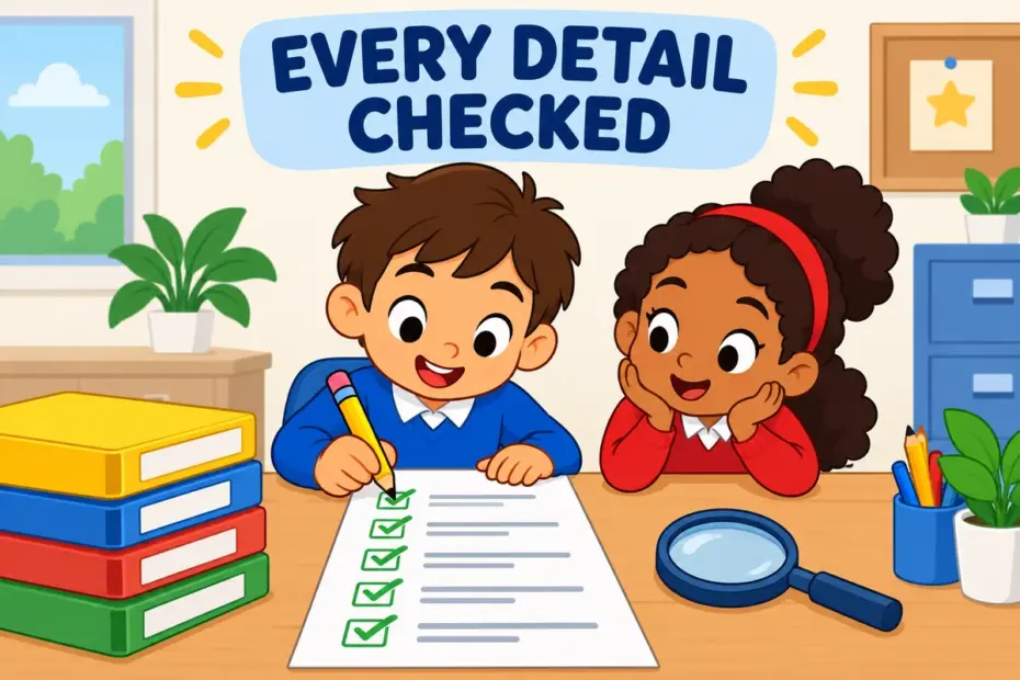 Cartoon children watch a careful clerk tick every line of a long checklist, showing punctilious in a sentence as exact attention to detail.