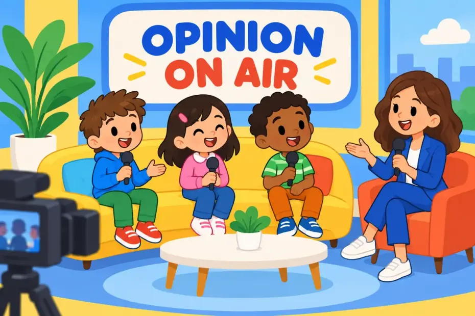 Cartoon children sit on a studio sofa with microphones, illustrating pundit in a sentence as a public opinion-giver.