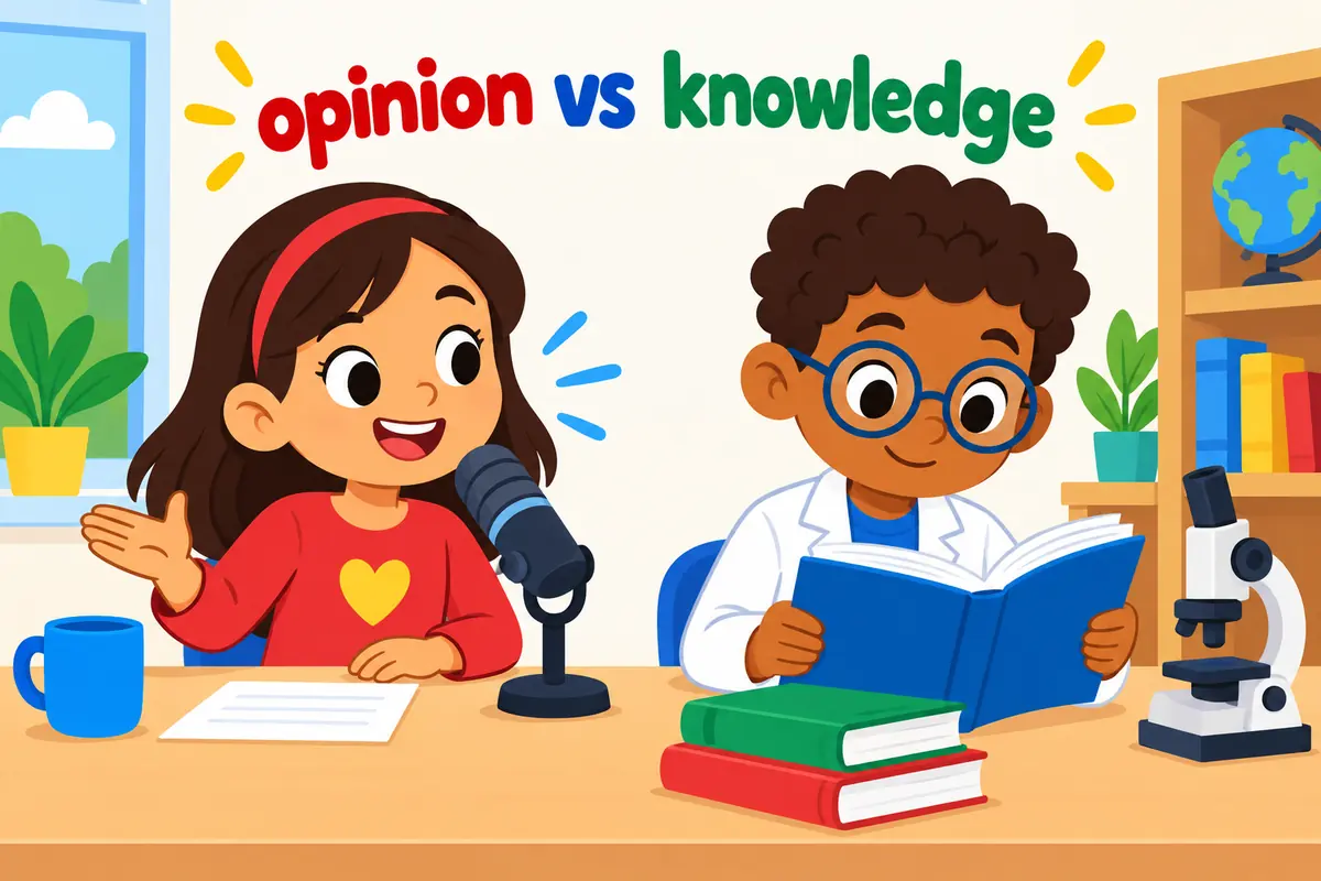A cartoon single scene contrasts a commentator speaking into a microphone with a scientist reading a thick research report.