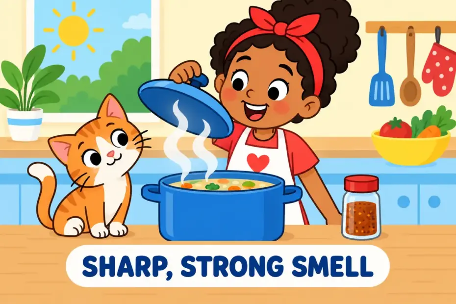 Cartoon cook lifts a pot lid as wavy steam rises, showing pungent in a sentence as a strong sharp smell.