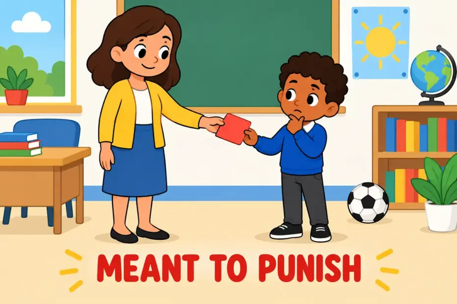 A teacher gives a calm classroom consequence after a missed task, illustrating punitive in a sentence as intended to punish.