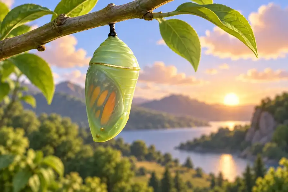 A chrysalis hanging from a green twig.