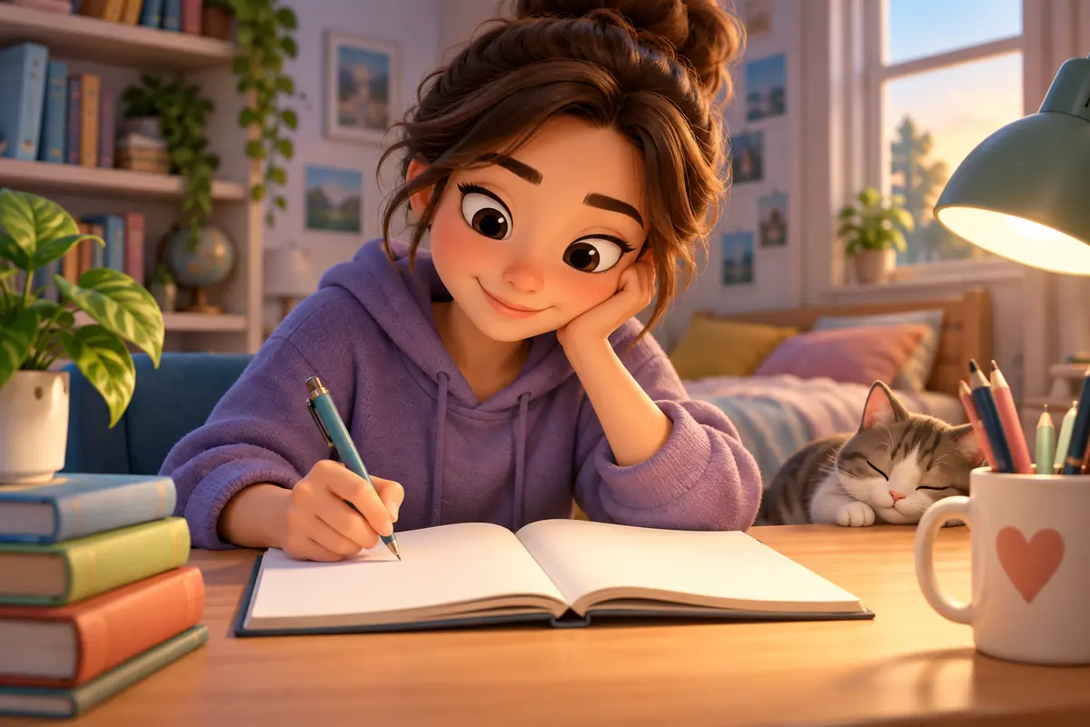 A student writing in a blank notebook at a desk.