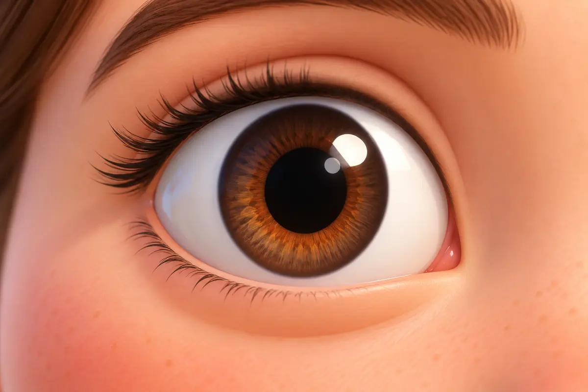A close view of a cartoon eye with its dark pupil.