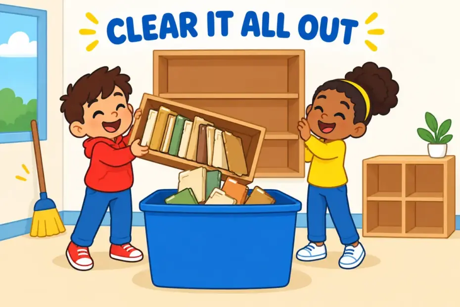 Cartoon children empty a whole shelf of unwanted items into a large bin, showing purge in a sentence as a complete deliberate clearance.