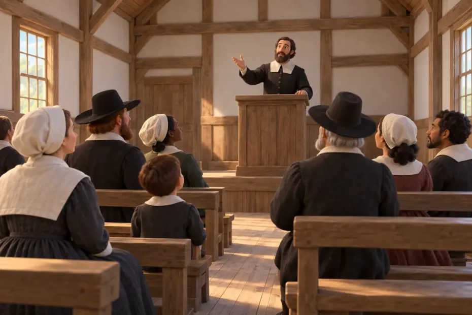 A small congregation listens to a speaker in a plain early modern meetinghouse.
