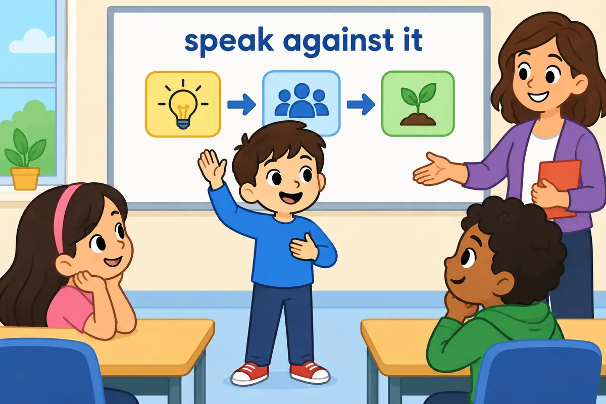 Cartoon pupil raises a hand to question a class plan, illustrating push back in a sentence as voicing disagreement.