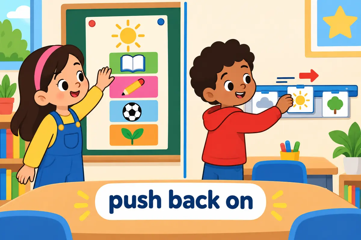 A cartoon child gestures against a poster while a calendar date card slides later, showing push back on and push the date back.