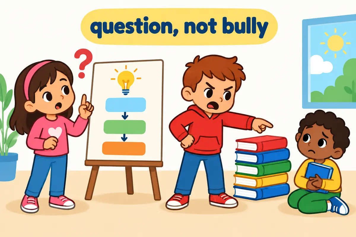 A split cartoon contrasts a child politely questioning a plan with a child bossing another, showing push back versus push around.