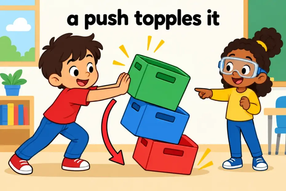 A cartoon child gently pushes a stack of classroom crates until it topples, showing push over in a sentence as making something fall.