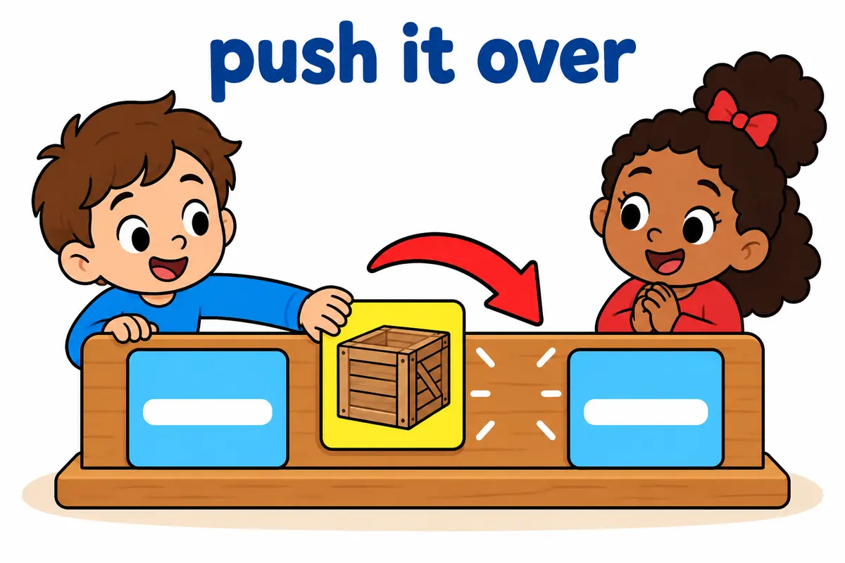 Cartoon children slide a crate card into the gap between two word cards on a board, showing push over is separable.