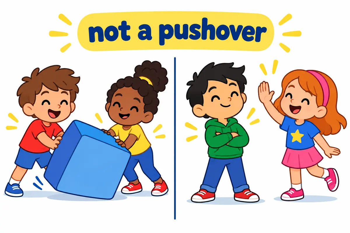 A split cartoon contrasts a team toppling a crate with a confident child standing firm, showing push over is not the noun pushover.