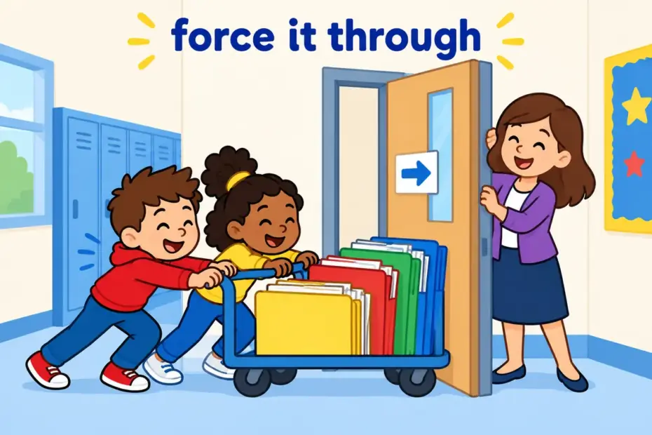 Cartoon children push a toy cart of papers through a narrow doorway, showing push through in a sentence as forcing a way.