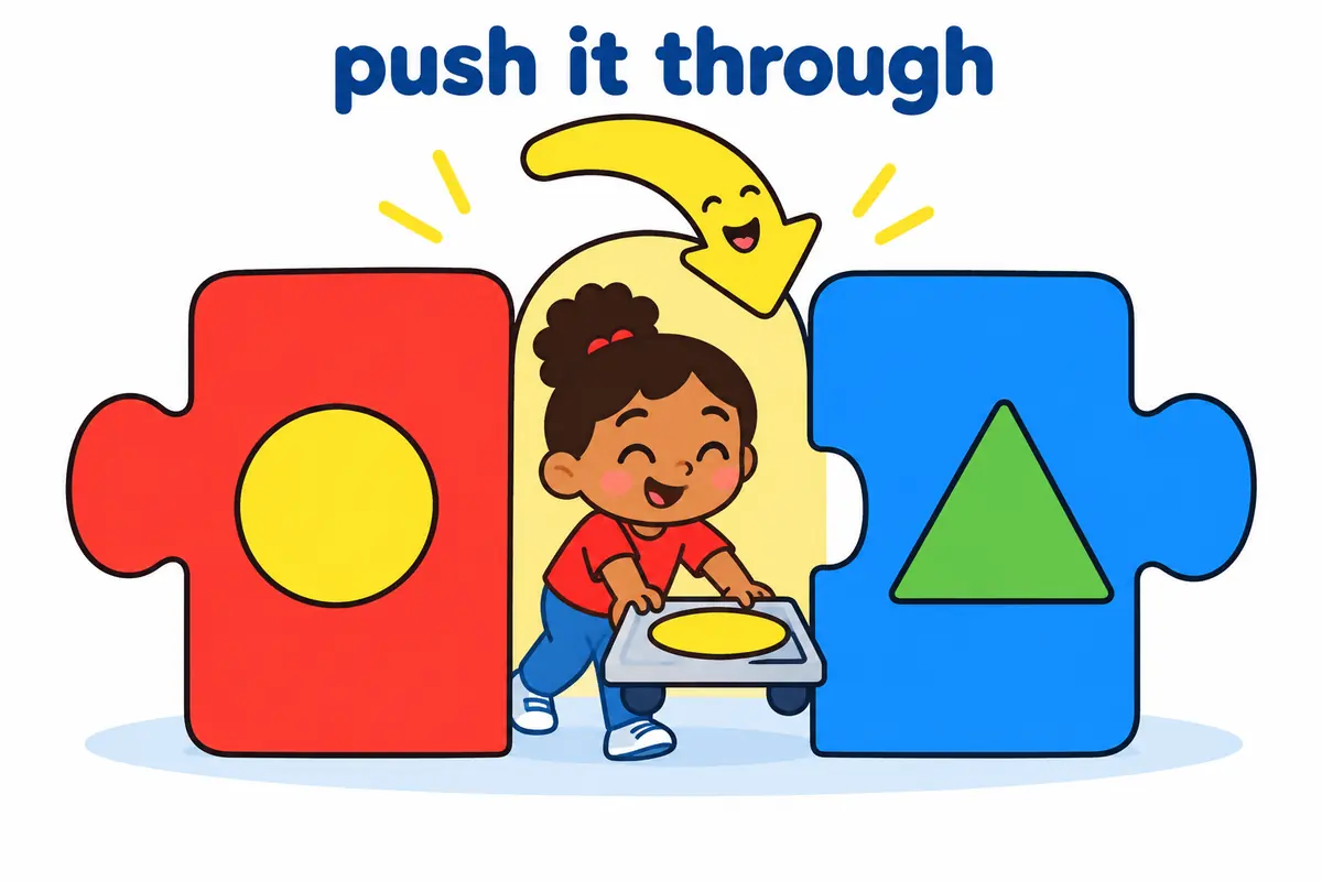 A cartoon child pushes a small tray through a doorway while a helpful arrow shows an object slot between push and through.