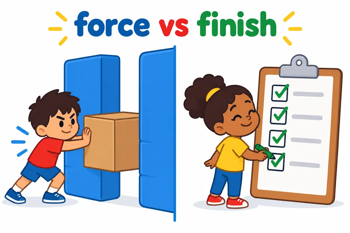 Two cartoon children face a wall; one pushes a box through a gap while the other ticks a checklist, contrasting force with follow through.