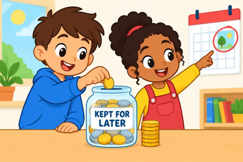 Cartoon pupils drop coins into a jar labelled with a simple calendar, illustrating put aside in a sentence as saving for later.