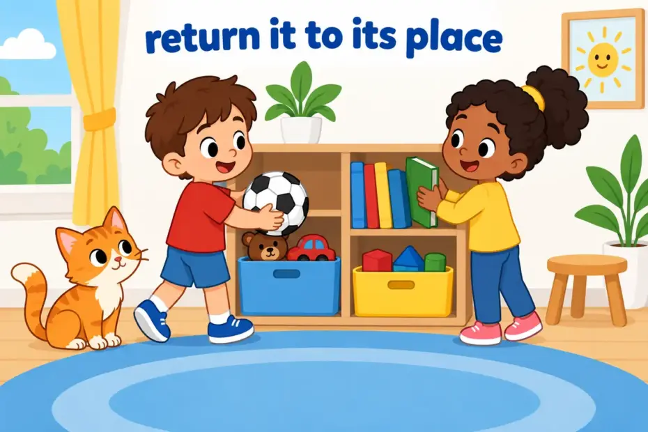 Cartoon children put back a football in a sentence by returning it to the same box on a shelf.