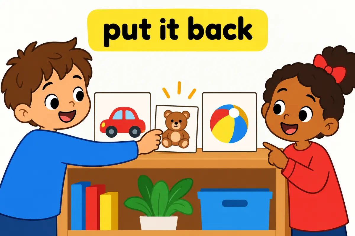 Cartoon children slide the word it between put and back on a shelf to show the pronoun order.