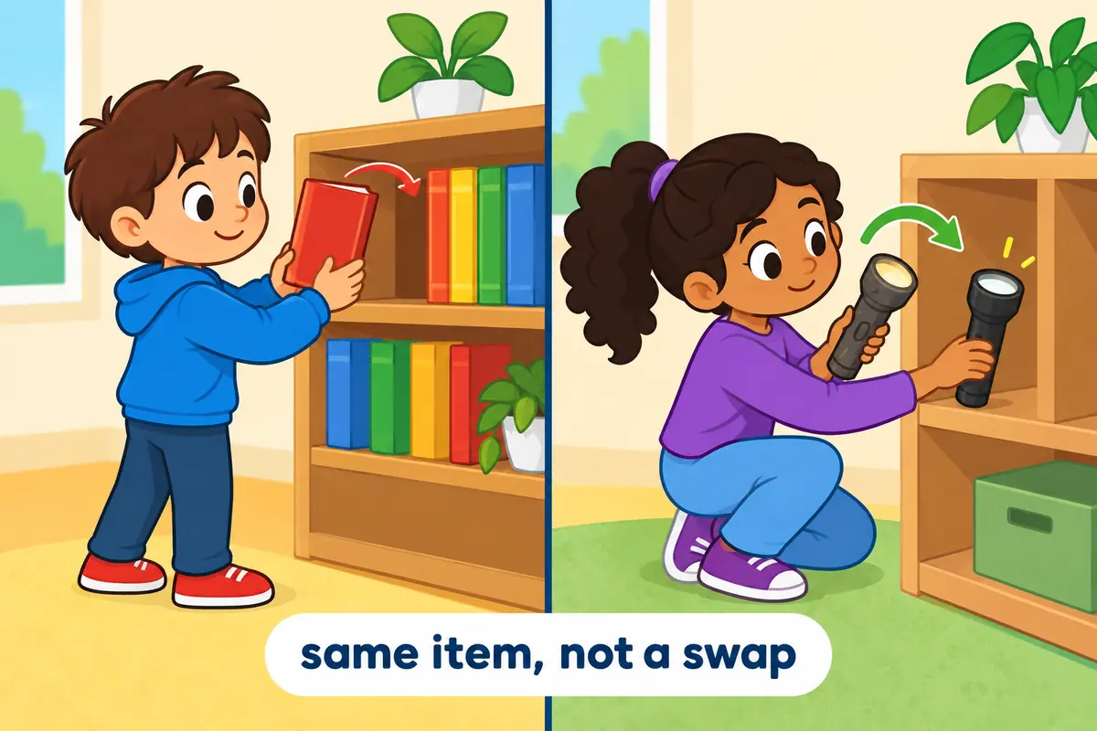 A cartoon split scene shows a book returned to the same shelf on the left and a new book swapping in on the right.