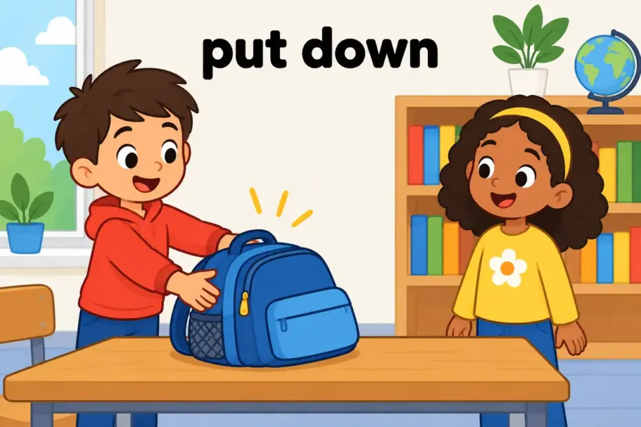 A cartoon child sets a heavy school bag down on a bench, showing put down in a sentence as releasing what was carried.