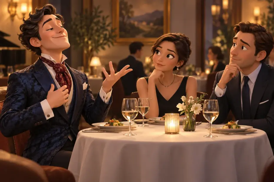 A person in a polished outfit speaks grandly at a small dinner while guests listen.