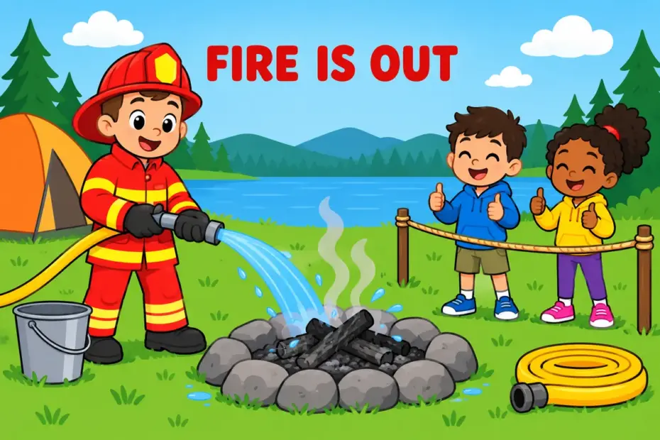 Cartoon children watch a firefighter put out a small campfire with a hose, showing put out in a sentence as extinguishing.