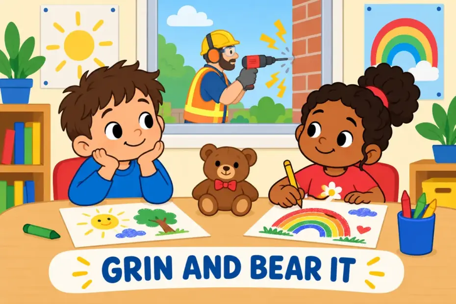 Cartoon children cover their ears against loud drilling while carrying on, showing what it means to put up with an annoyance.