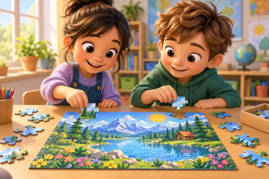 Children complete a colorful jigsaw puzzle together.