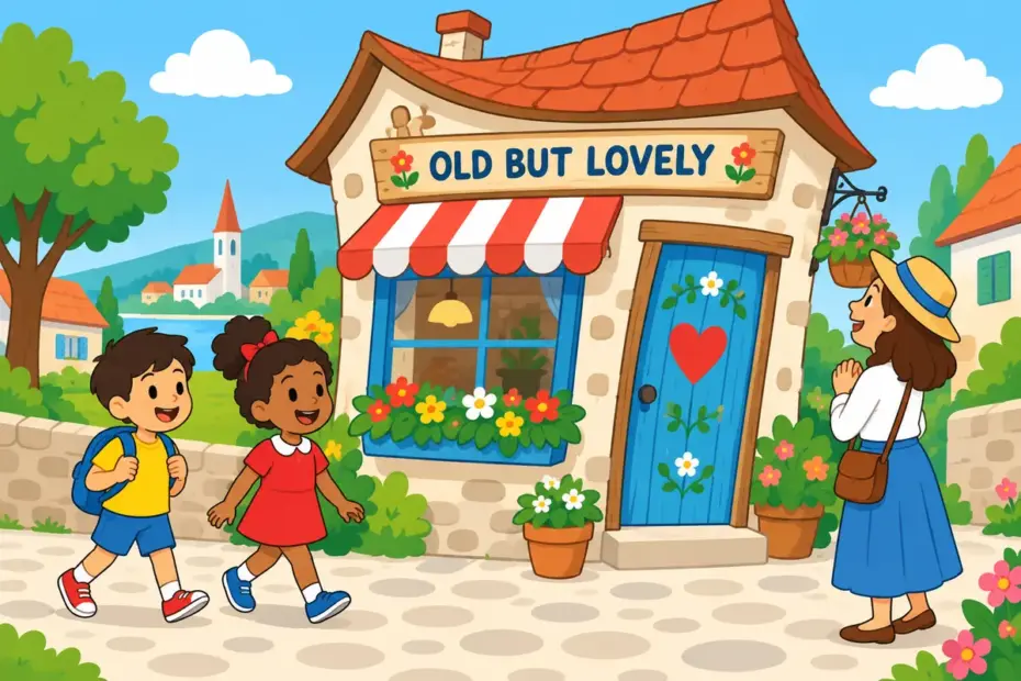Cartoon children pass a crooked little shop with flower boxes, showing quaint in a sentence as attractively old-fashioned.