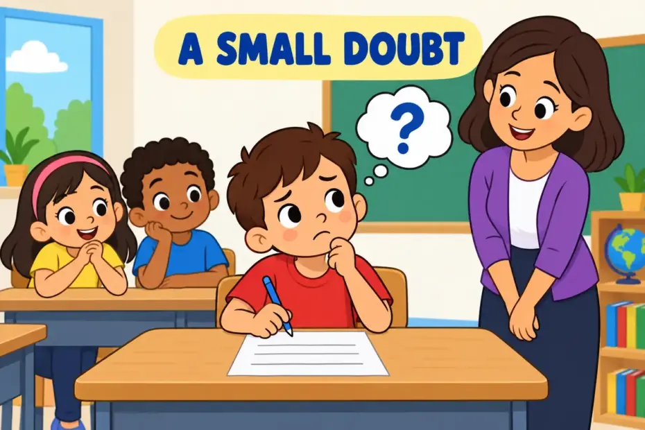 Cartoon children watch a classmate pause before signing a form, showing qualm in a sentence as a pang of moral doubt.