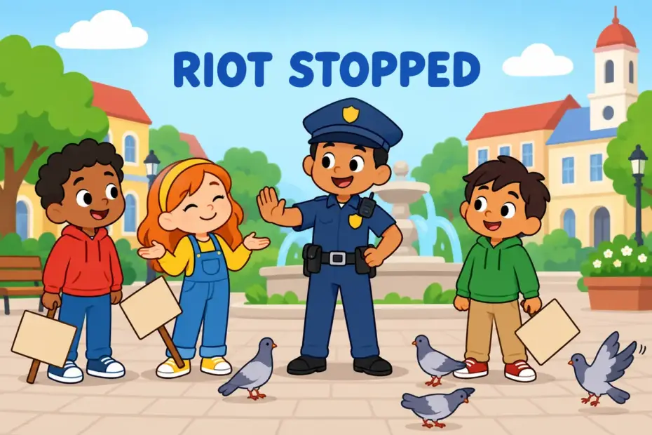 A cartoon officer raises a calm hand as a small crowd settles, showing quell in a sentence as ending a disturbance.