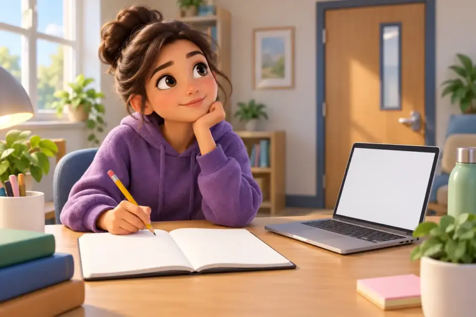 A student prepares to contact a school office, holding a pencil above a blank notebook with a laptop nearby.