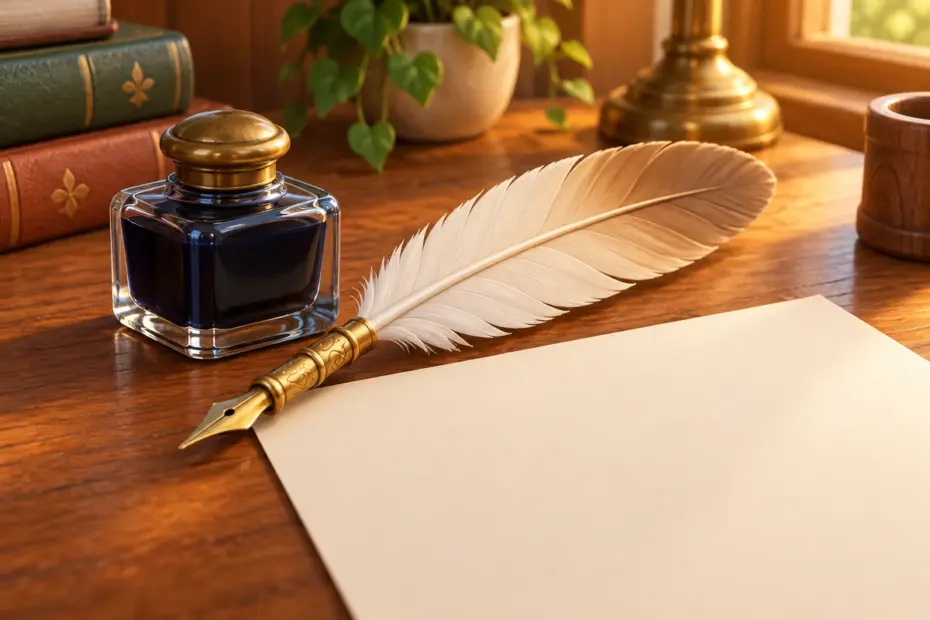 A feather quill pen rests beside an inkwell and blank paper.