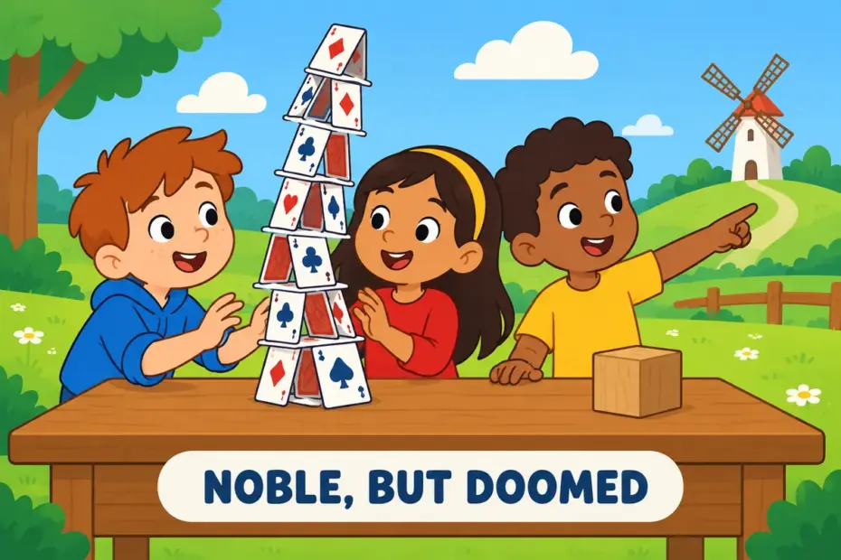 Cartoon children build a leaning tower of cards beside a windmill, showing quixotic in a sentence as a noble, impractical plan.