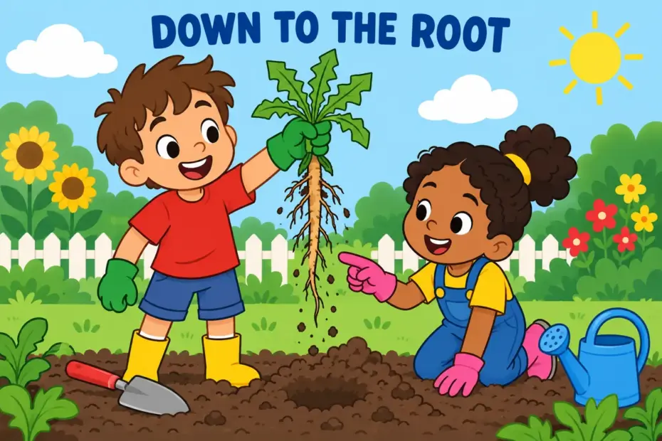 Cartoon child pulls a weed out with its whole root while a friend points at the roots, showing radical in a sentence.