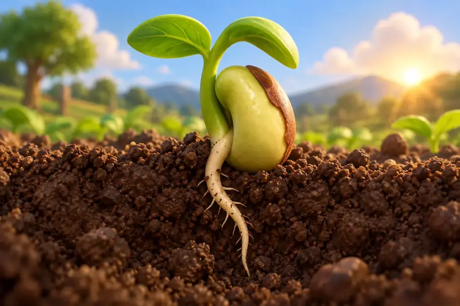 A sprouting bean with its first root visible.