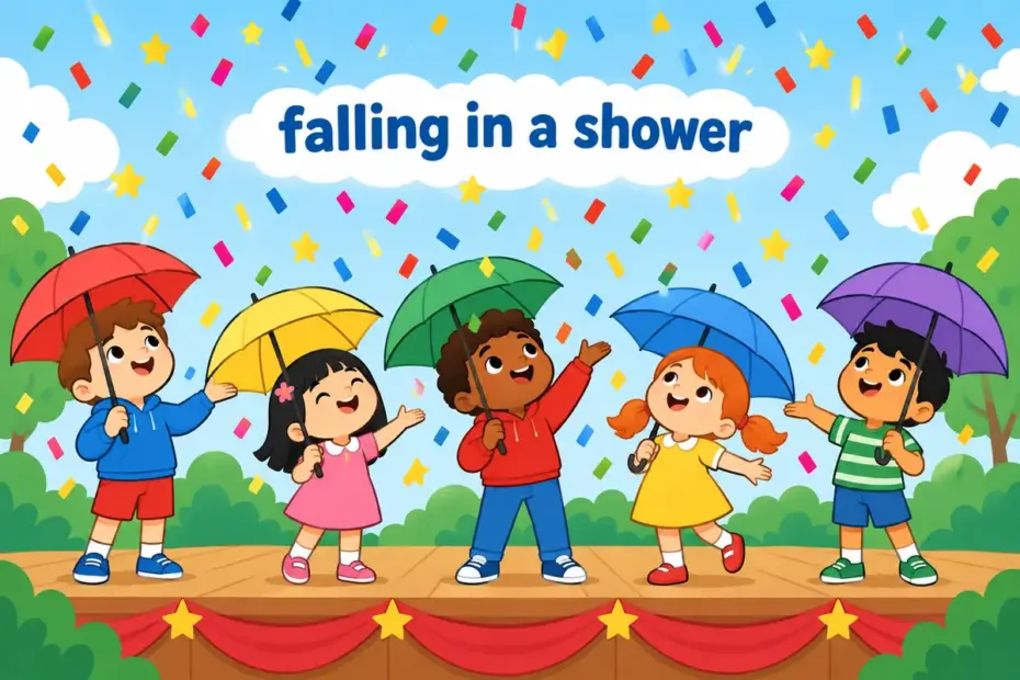 Cartoon children watch sparks and confetti shower over a stage, showing rain down in a sentence as falling in quantity.