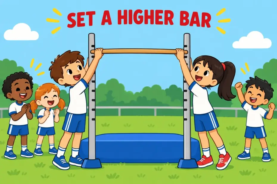 Cartoon athletes lift a crossbar higher, showing raise the bar in a sentence as a higher standard.