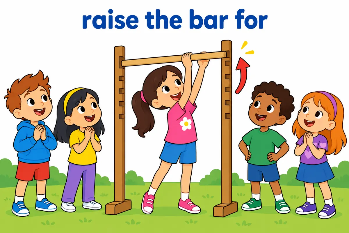 A cartoon child lifts a wooden crossbar while a row of friends looks up.