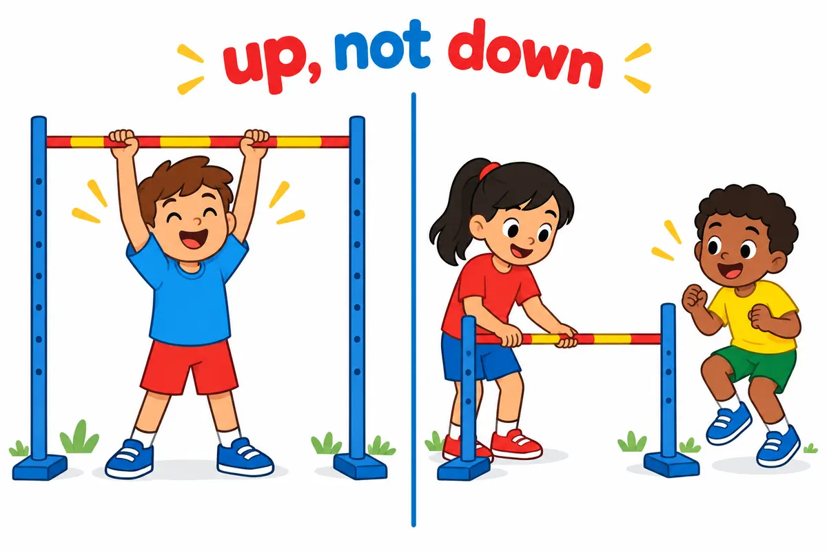 A cartoon split scene contrasts a child lifting a crossbar higher against one lowering it for a teammate.