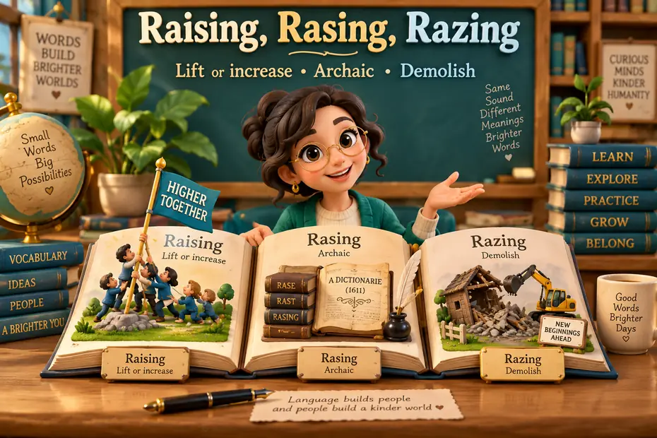 Raising, rasing, razing: lift or increase, archaic form, demolish