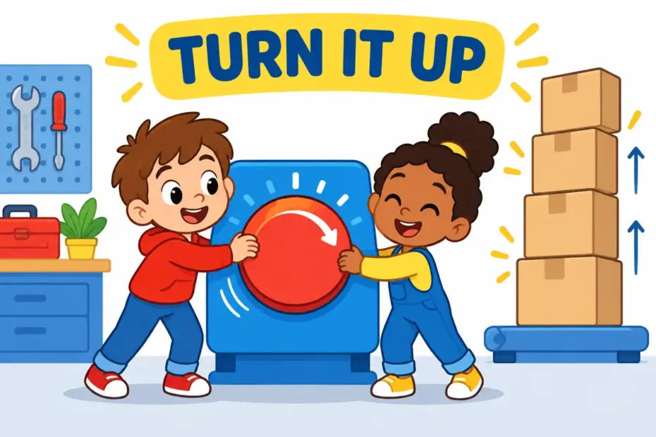 Cartoon children turn up a large dial on a machine while boxes pile higher, showing ramp up in a sentence.