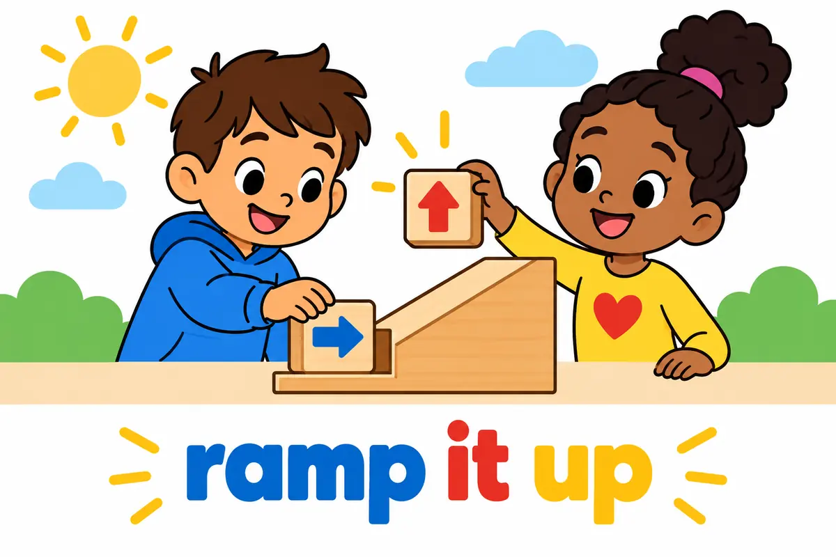 A cartoon child holds a small block right after the words ramp, then moves it up above two others.