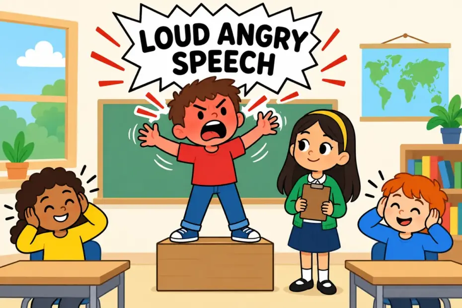 A cartoon child rants about a broken bicycle beside a loudspeaker shape, illustrating rant in a sentence.