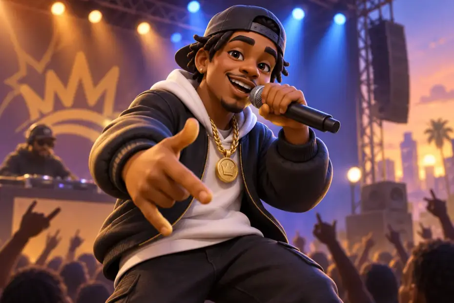 A rapper holding a microphone on a stage.