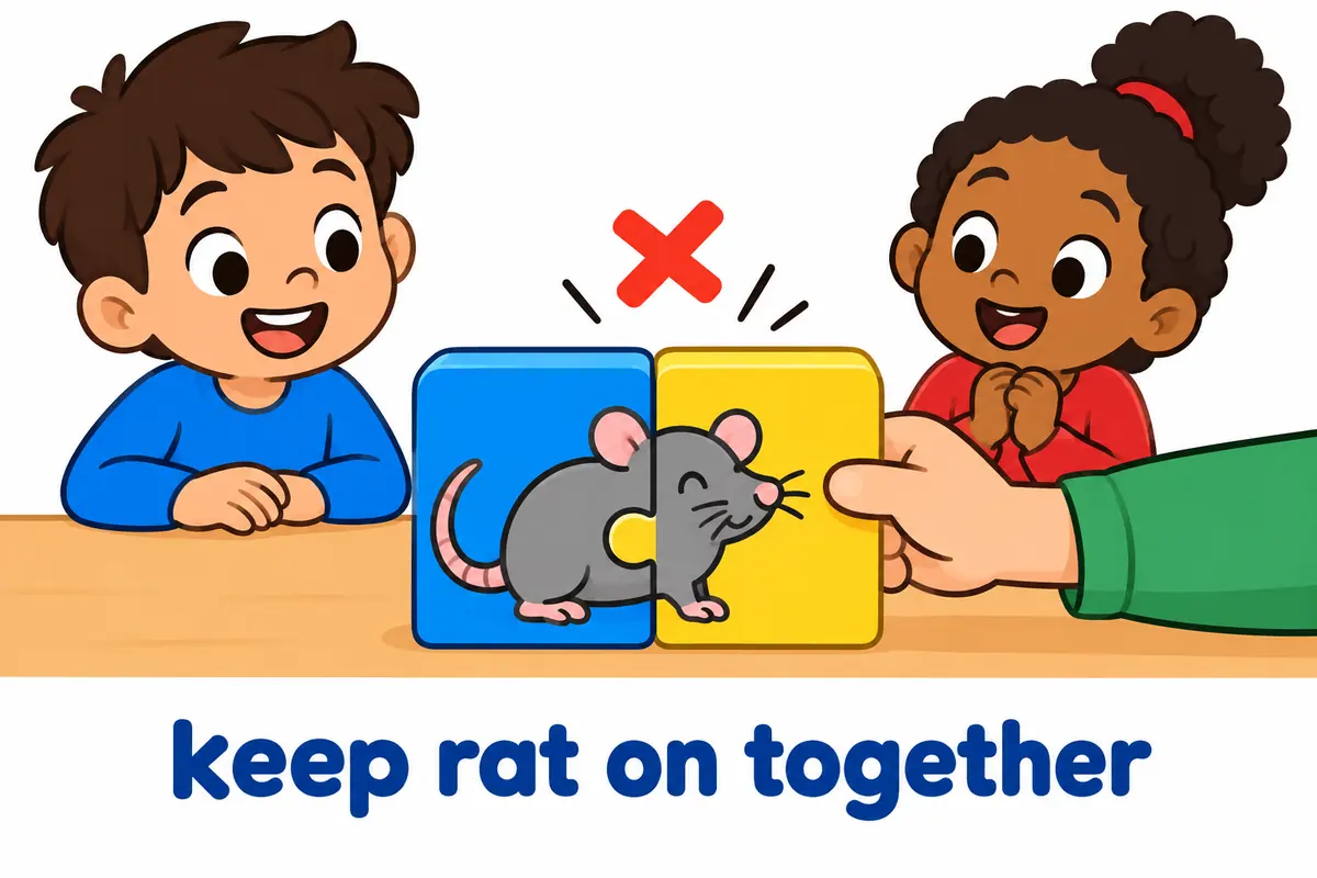 A cartoon hand tries and fails to pull apart two joined blocks, showing that rat on stays together as a phrasal verb.